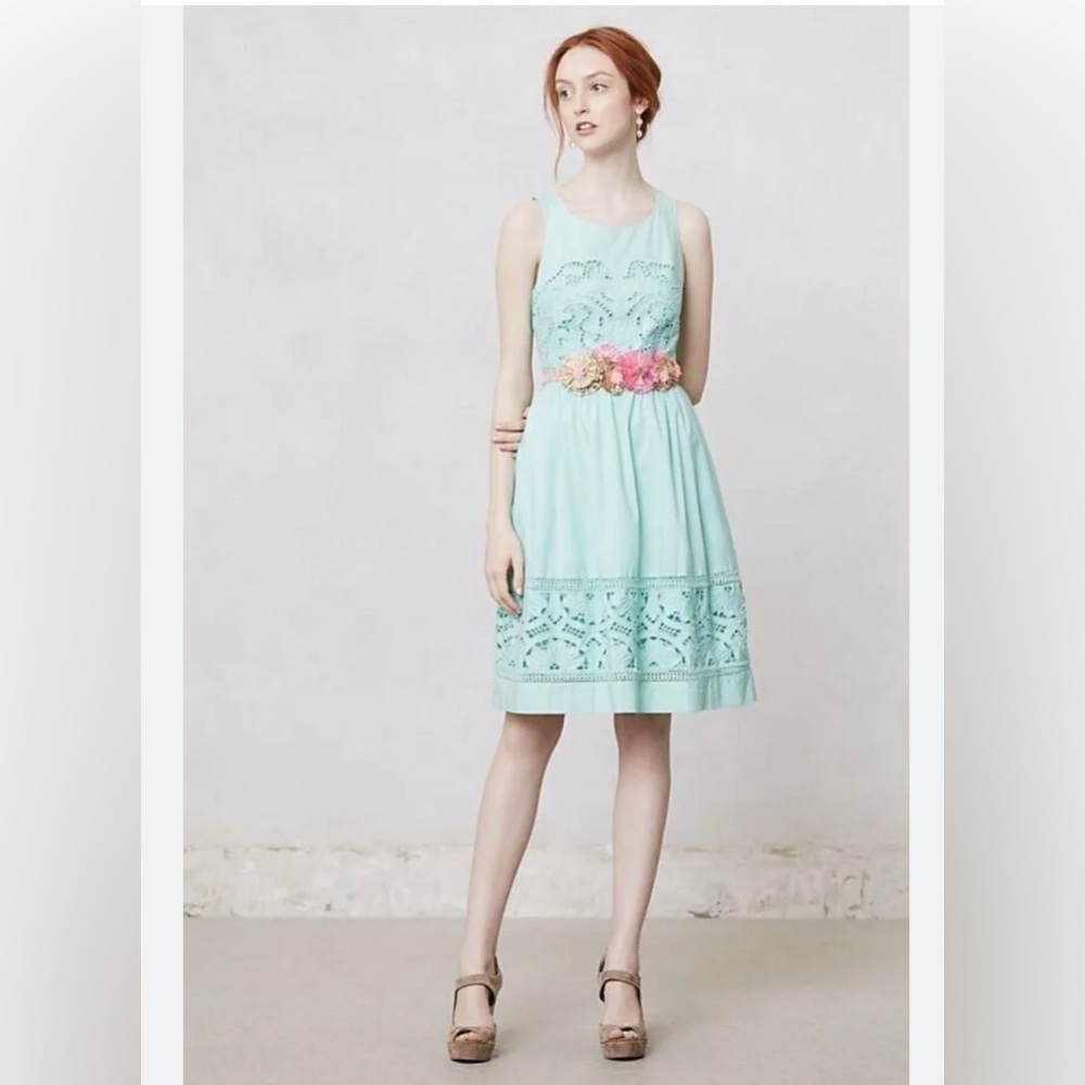 Anthropologie Meadow Rue Embroidered Mint Green Bottlegreen Dress